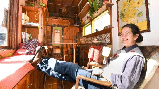SMH News- Sydney.  Story by, Julie Power - How to Build a Tiny House Course held in The Bower in Summer Hill. Photo  shows, Kellie Adkins, Raymond Island, Victoria sits in a completed Tiny House, living her dream. Photo by Peter Rae.  Tuesday 11 July, 2023
2021 Tiny House. Photo Bower
SMH News- Sydney.  Story by, Julie Power - How to Build a Tiny House Course held in The Bower in Summer Hill. Photo  shows, Queen Dechoe Legend from Dee Why gets instructions on using a circular saw.
GIF
