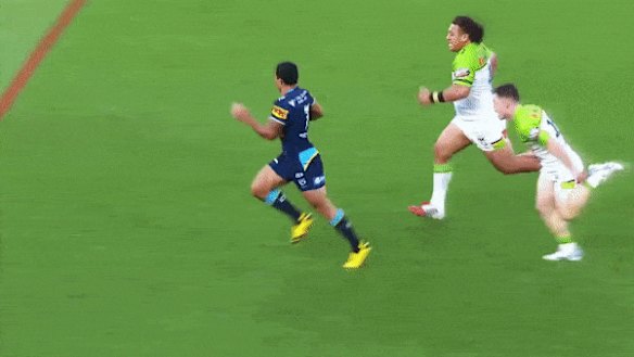 Canberra chase down their new recruit Jamal Fogarty.