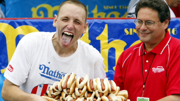 Fast food: Joey "Jaws" Chestnut with his favourite competition tucker.