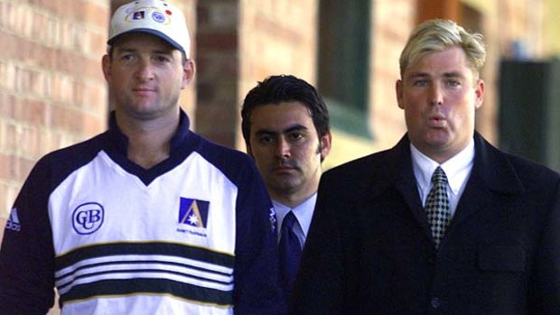 Mark Waugh and Shane Warne at a press conference where they admitted taking money from John the bookmaker in return for information.