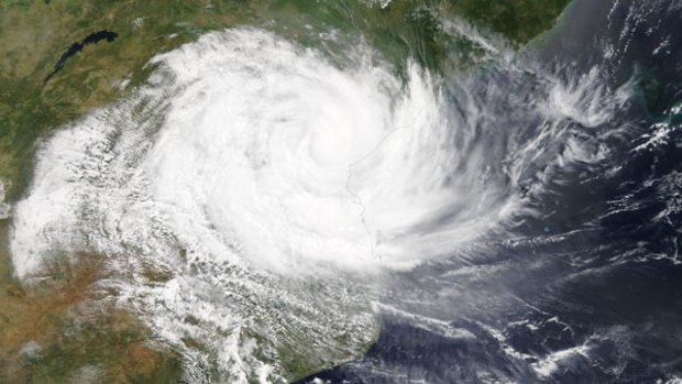 An image of Cyclone Idai from NASA’s Terra satellite on March 14. The storm’s cloud-filled eye hung over central Mozambique and the western quadrant had already spread into Zimbabwe. 
