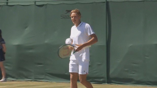 Finland’s Oskari Paldanius reenacts the famous Lleyton Hewitt gesture after defeating Cruz Hewitt in the second round of the boys competition at Wimbledon.