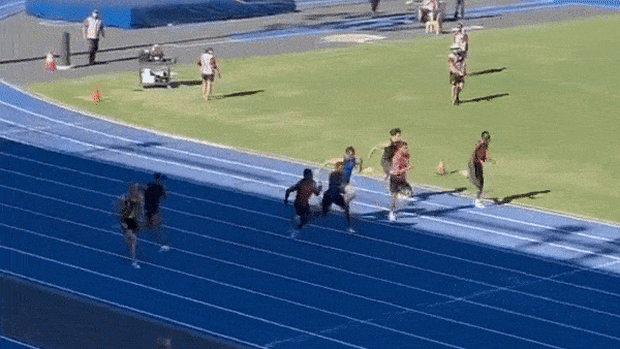 Gout Gout clocks 10 seconds flat for the 100m at the Dane Bird-Smith Shield Meet at the Queensland Sport and Athletics Centre.