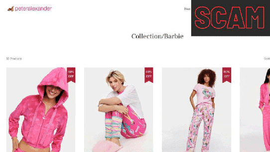 GIF of real and fake scam Peter Alexander websites. 