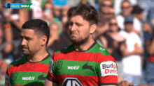 Jai Arrow reacts as he leads the South Sydney Rabbitohs out.