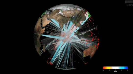 Seismic waves refracted inside the Earth are picked up by sensors (green dots) at the surface listening for the rumble of earthquakes (red dots).