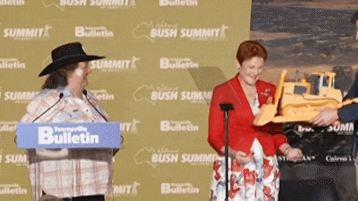 Gina Rinehart presents ‘beautiful big fat’ bulldozer to Pauline Hanson