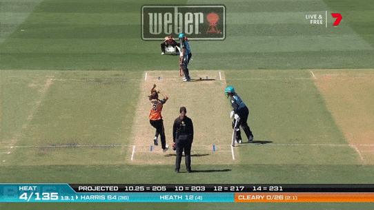 Grace Harris breaks her bat while clubbing a six for the Heat.