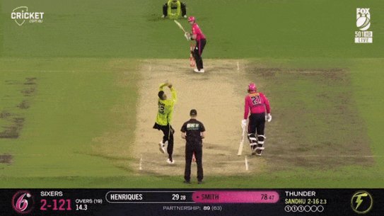 Steve Smith’s six against crosstown Big Bash rivals Sydney Thunder.