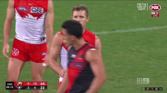 Luke Parker mocking the Bombers’ Dylan Shiel.