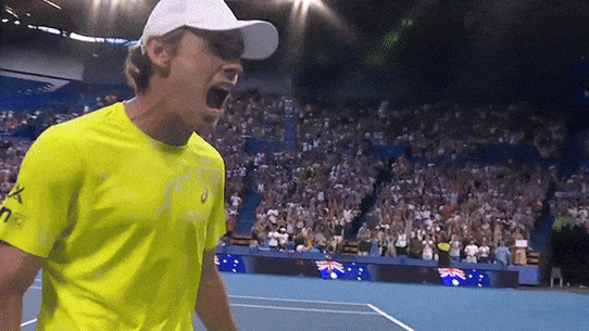 Pumped: Alex de Minaur after his first victory over Novak Djokovic.