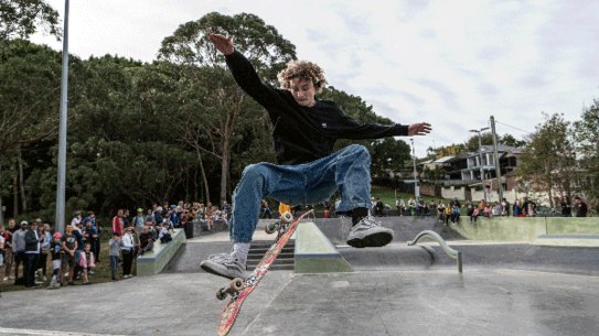 Leichhardt Park Skate Park opening on July 15, 2023. Photo: Flavio Brancaleone / The Sydney Morning Herald - GIF

