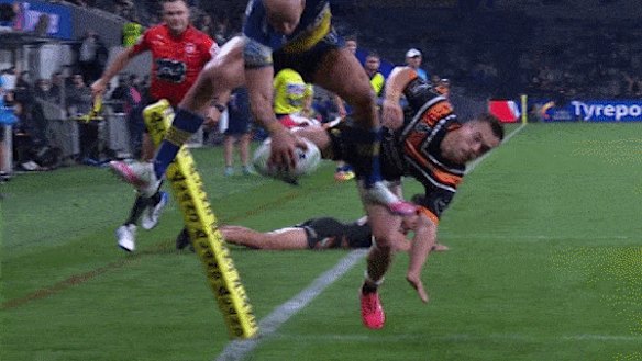 Blake Ferguson's no-try for Parramatta against the Wests Tigers on Thursday.
