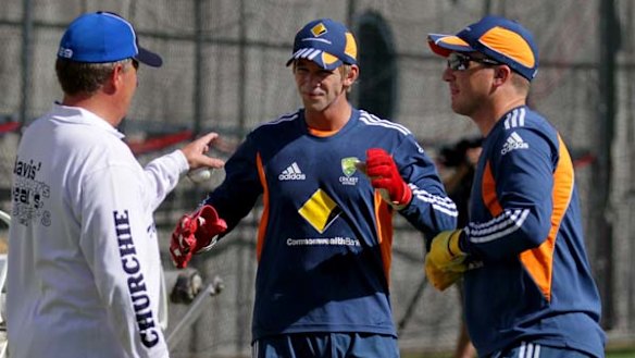 Test glovemen: Ian Healy meeting with Brad Haddin, right, and Tim Paine.