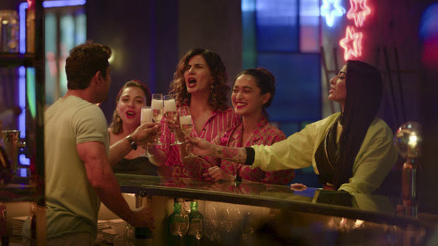From left, Gagroo, Kulhari, Gupta and Bani J in a scene from “Four More Shots Please!”