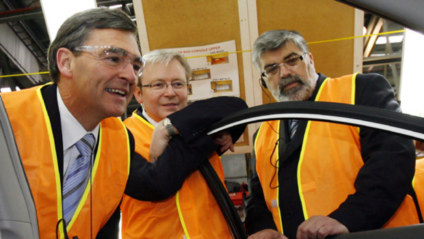 Then-premier John Brumby, prime minister Kevin Rudd and Kim Carr at  Toyota’s Altona plant in 2008. 