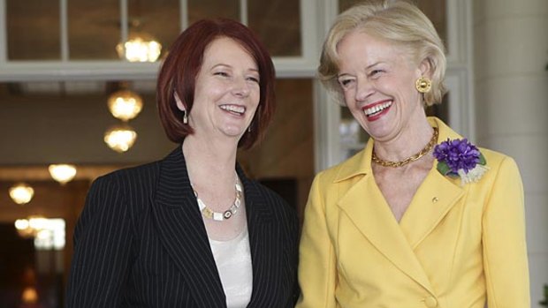 Then PM Julia Gillard with Governor-General Quentin Bryce at Government House after being sworn in as Australia's first female Prime Minister.