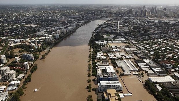 The flood peaks in Brisbane on January 13, 2011.
