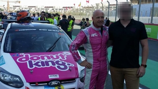 Former RFG chief executive Tony Alford (left) in his Donut King race suit.