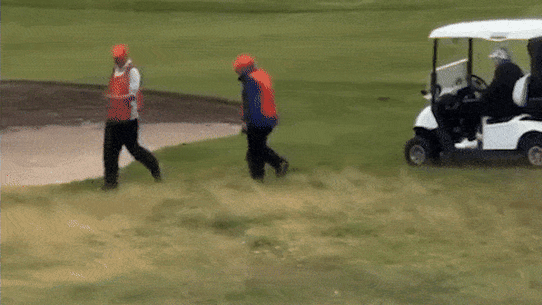 A video of Donald Trump near a sand trap on a Scottish fairway.