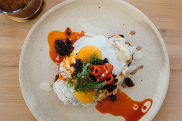 “Unusual” eggs on toast from the all-day brekkie menu at Double Cross Dining Room in Crows Nest.