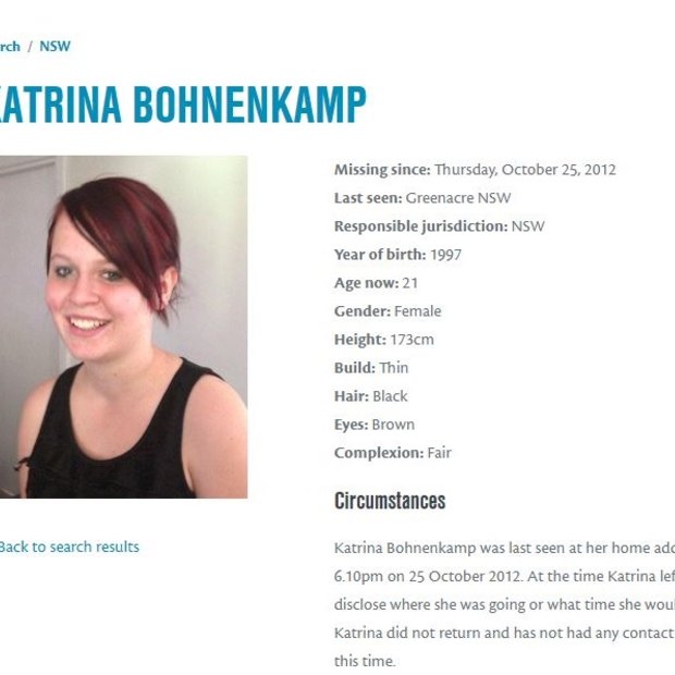 The police missing persons notice for Katrina Bohnenkamp.