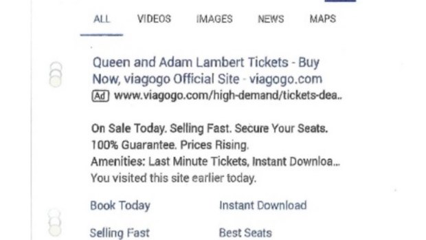 A Viagogo ad on Google from June 21 2017, in which it claims to be the "official site" for Queen and Adam Lambert tickets.