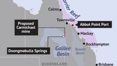 Adani's proposed Carmichael coal mine showing the location of the ancient Doongmabulla Springs.