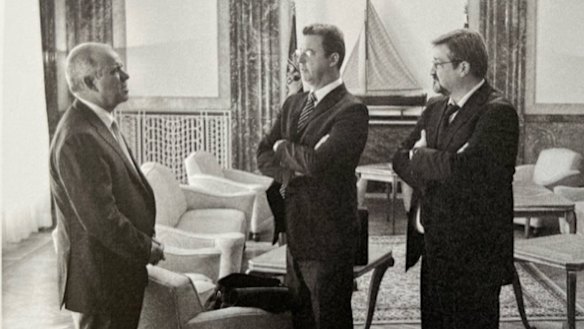 Bob Reid (left) at the Presidential Palace in Belgrade in September 2011 during his time with the International Criminal Tribunal for the former Yugoslavia.