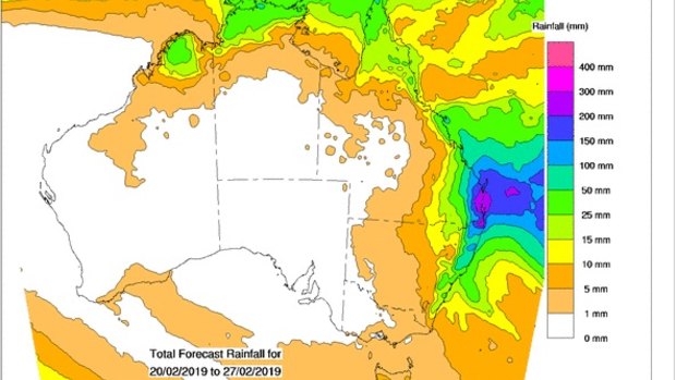 The eight-day rainfall forecast for the country shows the large falls expected to be dumped by TC Oma.