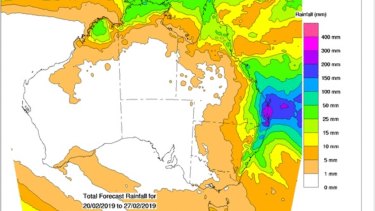 The eight-day rainfall forecast for the country shows the large falls expected to be dumped by TC Oma.