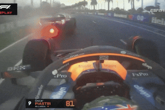 Oscar Piastri overtakes Lewis Hamilton late in the race.