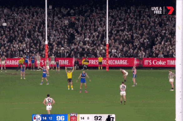 Tim Membrey’s shot on goal after the siren just missed to the right – handing victory to the Bulldogs in astonishing scenes.