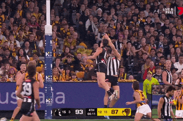 Darcy Moore gave away a free kick with seconds on the clock to give the Hawks a chance to tie the game.
