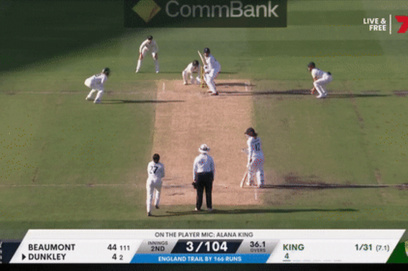 Alana King produces a brilliant ball to dismiss Sophia Dunkley.