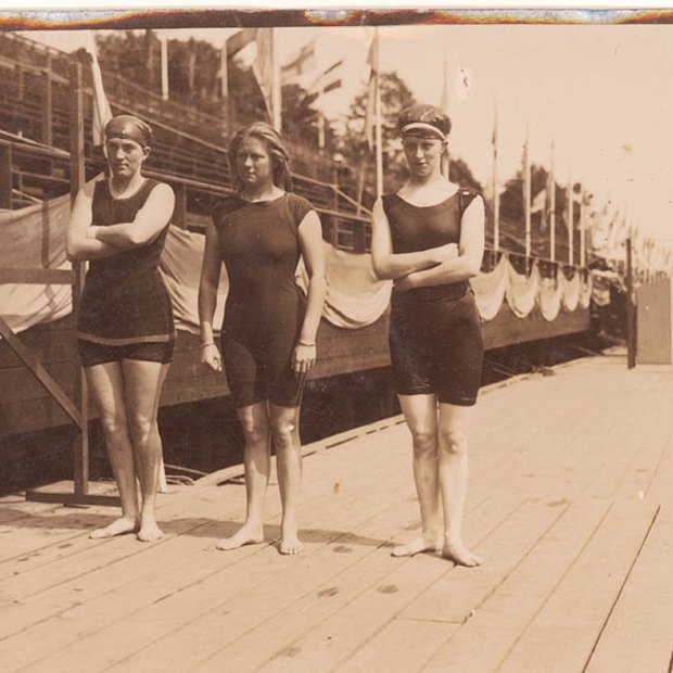 From left to right, medalists at 1912 Stockholm Olympics, Fanny Durack, Mina Wylie and Jennie Fletcher.
