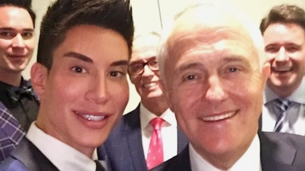 "Human Ken Doll" and social media personality Justin Jedlica with former prime minister Malcolm Turnbull. 
