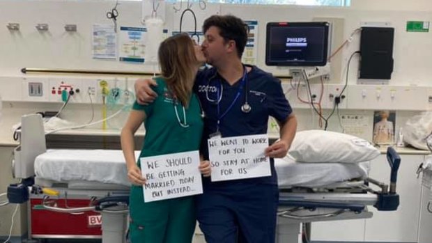 The doctor couple found out two weeks ago that their wedding would have to be on hold due to social distancing measures and closed borders. 