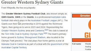 Greater Western Sydney Win Afl Grand Final According To Wikipedia Entry