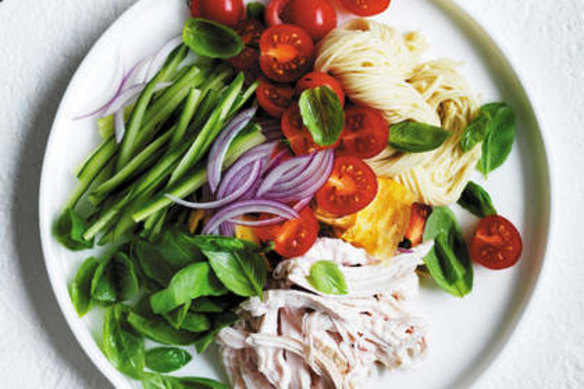 Eat something relatively plain like this chicken noodle salad.