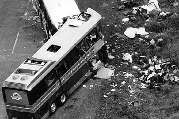 The aftermath of a head-on collision between two buses at Kempsey 30 years ago.