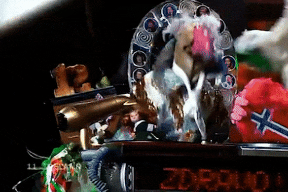 Ireland’s 2008 Eurovision entrant Dustin The Turkey perform their song Irlande Douze Pointe.