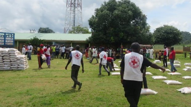 Red Cross workers organise aid in Nigeria.