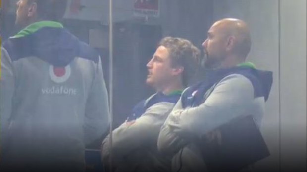Brett Finch in the Warriors' coaching box during their clash with the Panthers on Friday.