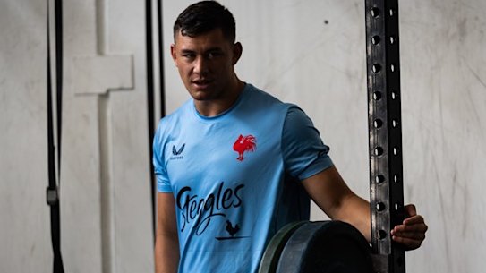 Joey Manu at Roosters training in Queenstown, before suffering his facial fracture.