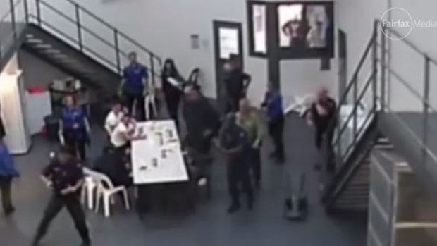 An image from CCTV footage of the early stages of the riot inside the Grevillea unit of Barwon prison.