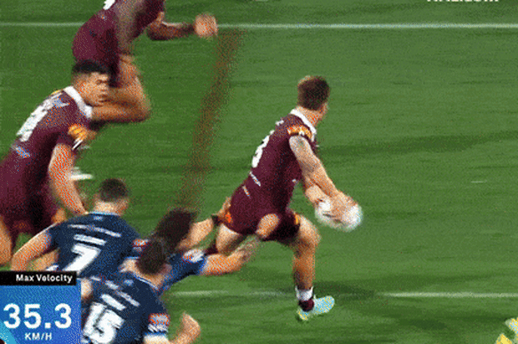 Hamiso Tabuai-Fidow’s try for the Maroons in 2023.