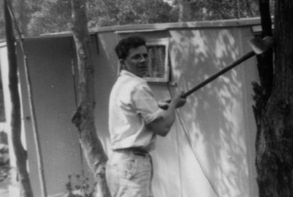 Brian Irwin building his first house in 1955.