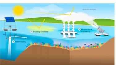 Funding has been awarded for feasibility studies of three geoengineering technologies to protect the reef: (1) a ‘floating sunshield’ of
reflective surface film made of calcium carbonate to reflect sunlight and lower water temperatures; (2) marine cloud brightening; and (3) water
mixing.