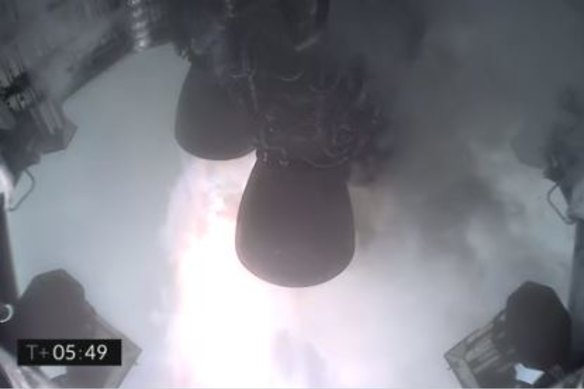 SpaceX’s live video froze as the mission clock read T+plus 5 minutes, 49 seconds.